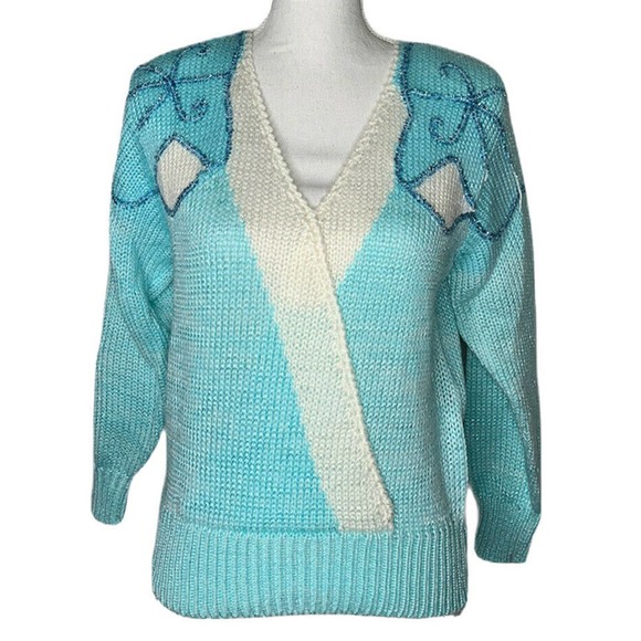 Charlotte VanHorn Sweaters - Vintage Charlotte VanHorne Turquoise Blue White Embellished V Neck Sweater Sz L